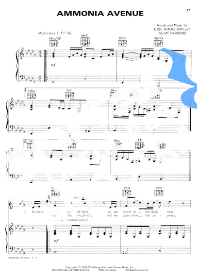 Alan Parsons Ammonia Avenue partitura para Piano