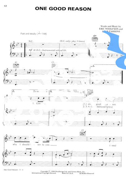 Alan Parsons One Good Reason partitura para Piano