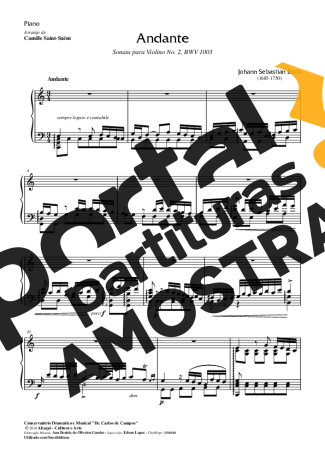 Bach Andante BWV1003 (Saint Saens) partitura para Piano