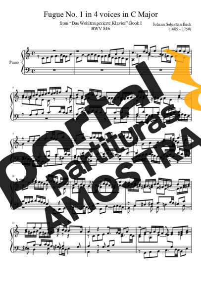 Bach Fugue No. 1 BWV 846 In C Major partitura para Piano
