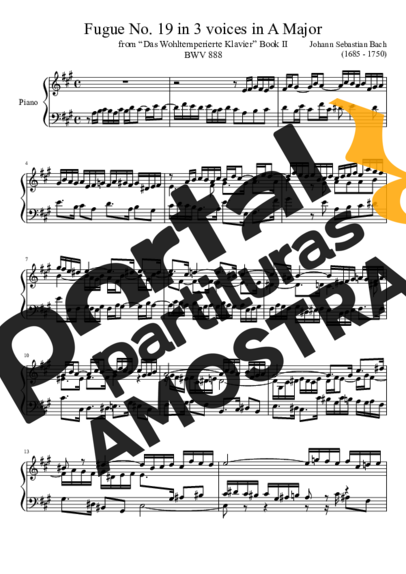 Bach Fugue No. 19 BWV 888 In A Major partitura para Piano