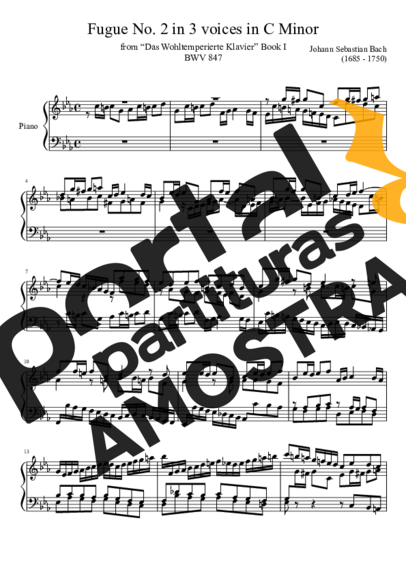 Bach Fugue No. 2 BWV 847 In C Minor partitura para Piano