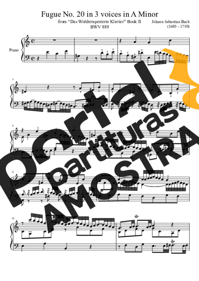 Bach Fugue No. 20 BWV 889 In A Minor partitura para Piano