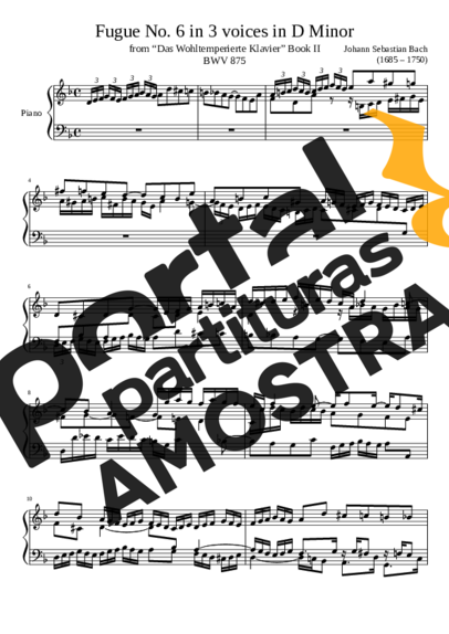 Bach Fugue No. 6 BWV 875 In D Minor partitura para Piano