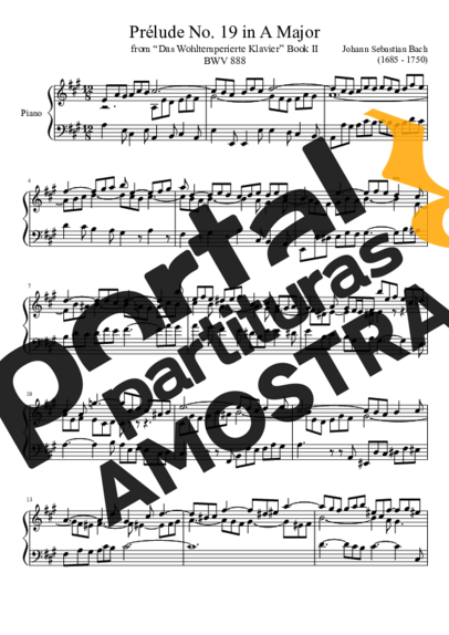 Bach Prelude No. 19 BWV 888 In A Major partitura para Piano
