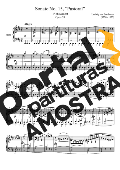 Beethoven Sonata No 15 Pastoral 1st Movement partitura para Piano
