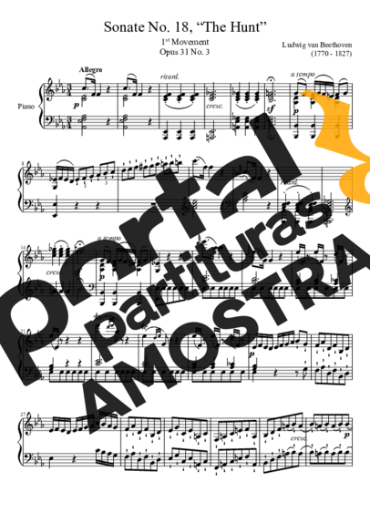 Beethoven Sonata No 18 The Hunt 1st Movement partitura para Piano