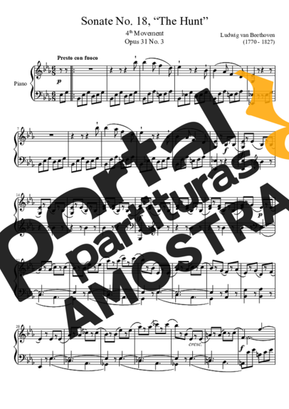 Beethoven Sonata No 18 The Hunt 4th Movement partitura para Piano