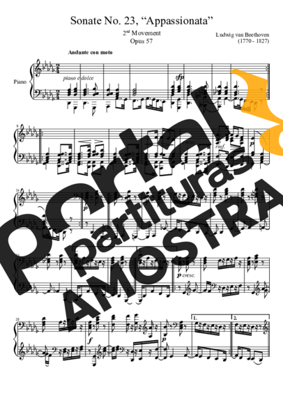 Beethoven Sonata No 23 Apassionata 2nd Movement partitura para Piano
