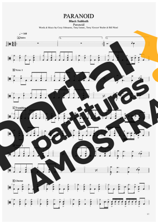 Black Sabbath Paranoid partitura para Bateria