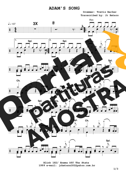 Blink 182 Adam´s Song partitura para Bateria