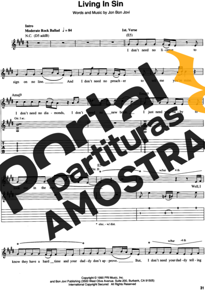 Bon Jovi Living In Sin partitura para Guitarra