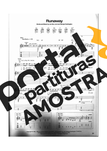 Bon Jovi Runaway partitura para Guitarra