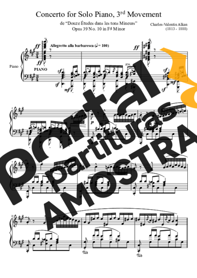 Charles Valentin Alkan Concerto For Solo Piano 3rd Movement Opus 39 No. 10 In F Minor partitura para Piano