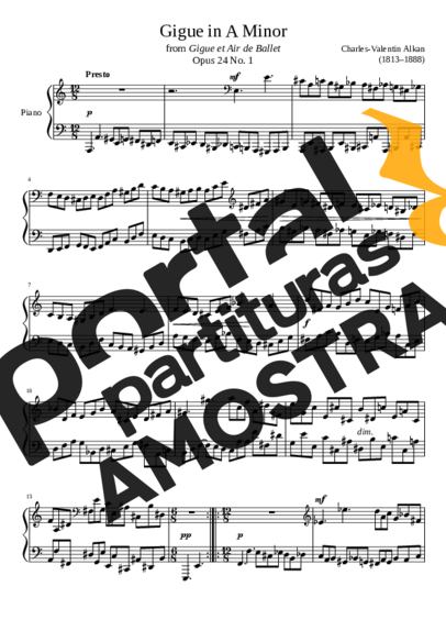 Charles Valentin Alkan Gigue Opus 24 No. 1 In A Minor partitura para Piano