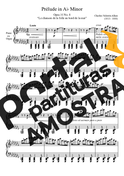 Charles Valentin Alkan Prelude Opus 31 No. 8 In A Minor partitura para Piano