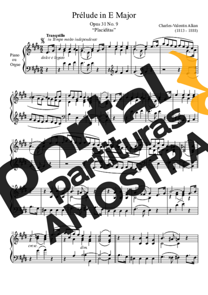 Charles Valentin Alkan Prelude Opus 31 No. 9 In E Major partitura para Piano