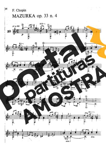 Chopin Mazurka Op 33 N 4 partitura para Violão