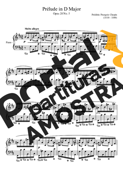 Chopin Prelude Opus 28 No. 05 In D Major partitura para Piano