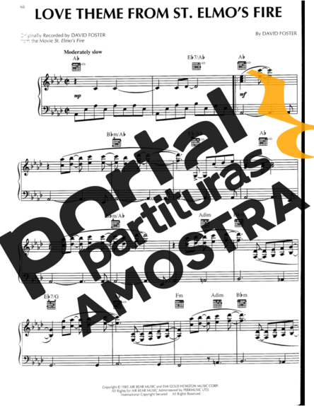 David Foster Love Theme From St Elmos Fire partitura para Piano