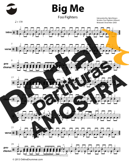 Foo Fighters Big Me partitura para Bateria