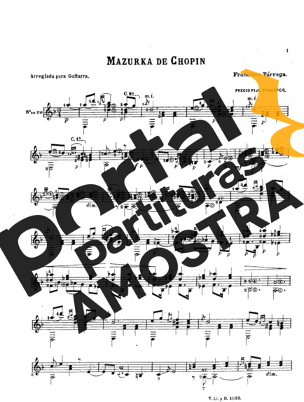Francisco Tárrega Mazurka De Chopin partitura para Violão