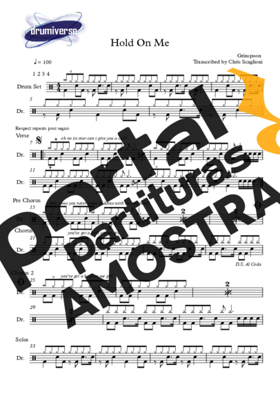 Grinspoon Hold On Me partitura para Bateria