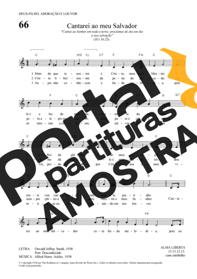 Hinário Para o Culto Cristão Cantarei Ao Meu Salvador partitura para Teclado