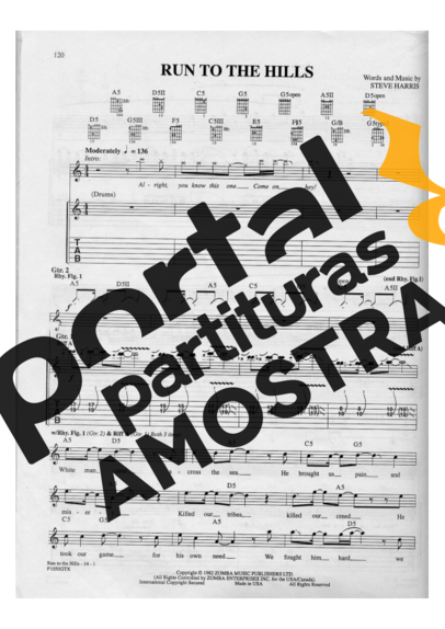 Iron Maiden Run To The Hills partitura para Guitarra