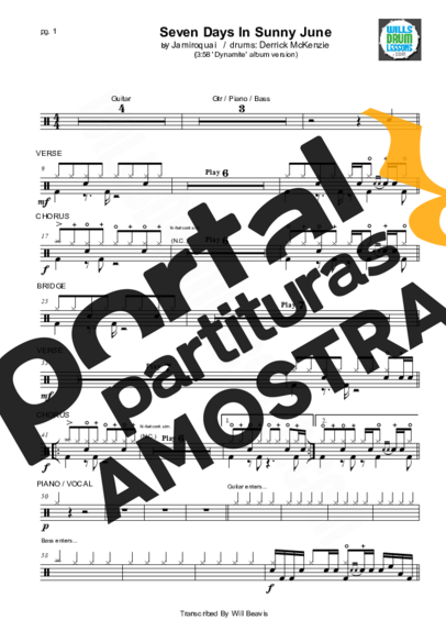 Jamiroquai Seven Days In Sunny June partitura para Bateria