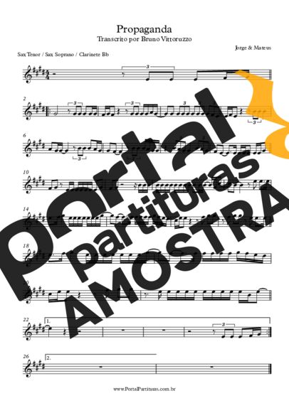 Jorge e Mateus Propaganda partitura para Saxofone Tenor Soprano (Bb)