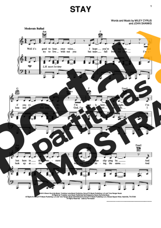 Miley Cyrus Stay partitura para Piano