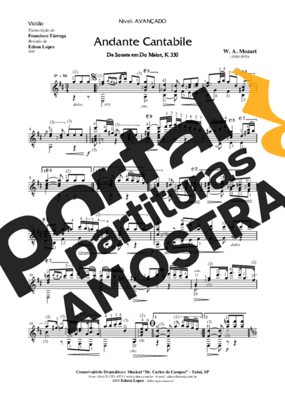 Mozart Andante Cantabile KV 330 partitura para Violão