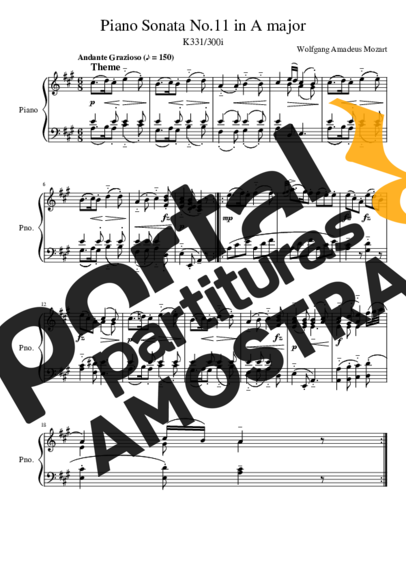 Mozart Piano Sonata No11 in A major K331W partitura para Piano