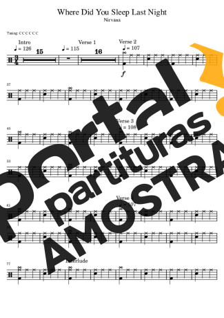 Nirvana Where Did You Sleep Last Night partitura para Bateria