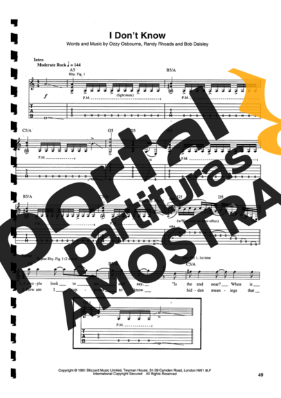 Ozzy Osbourne I Dont Know partitura para Guitarra
