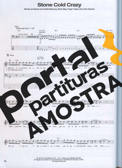 Queen Stone Cold Crazy partitura para Contra Baixo