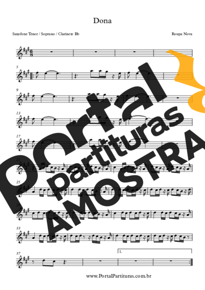 Roupa Nova Dona partitura para Saxofone Tenor Soprano (Bb)