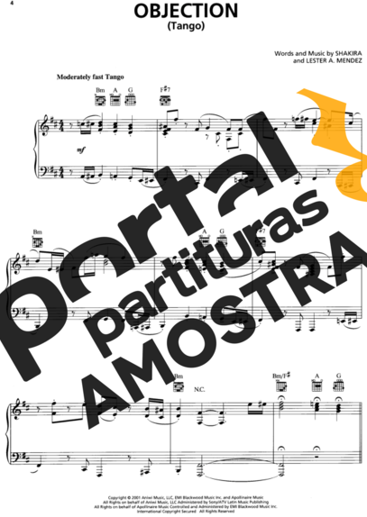 Shakira Objection (Tango) partitura para Piano