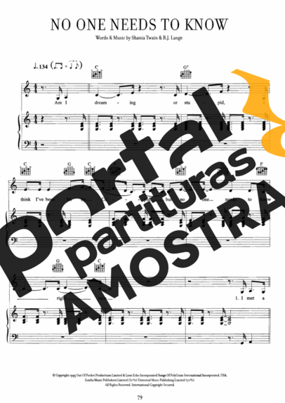 Shania Twain No One Needs To Know partitura para Piano