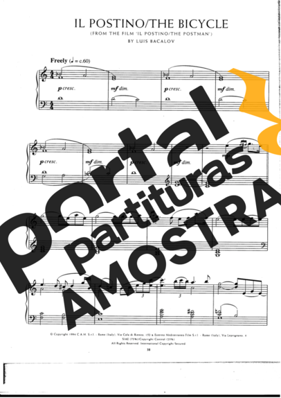 Movie Soundtracks (Temas de Filmes) Il Postino The Bicycle (The Postman) partitura para Piano