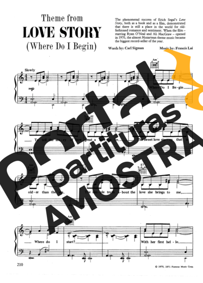 Movie Soundtracks (Temas de Filmes) Love Story (Where Do I Begin) partitura para Piano