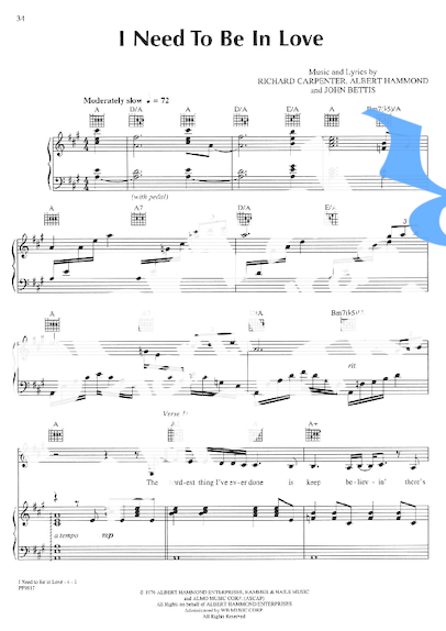 The Carpenters I Need To Be In Love partitura para Piano