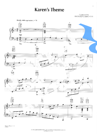 The Carpenters Karen´s Theme partitura para Piano