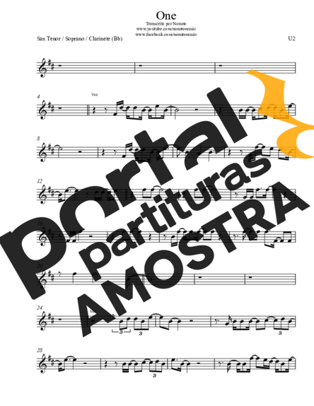 U2 One partitura para Saxofone Tenor Soprano (Bb)