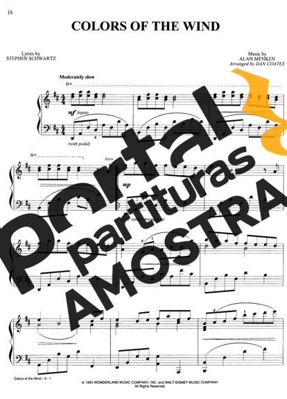 Vanessa Williams Colors of the Wind (Tema Pocahontas) partitura para Piano
