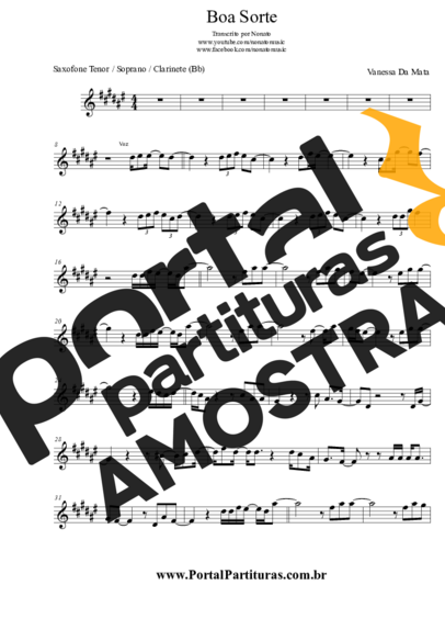 Vanessa da Mata  partitura para Saxofone Tenor Soprano (Bb)