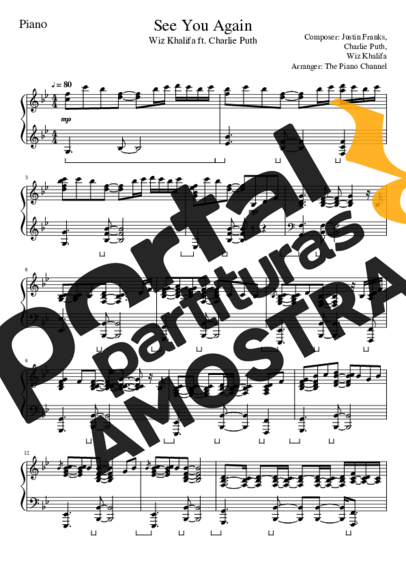 Wiz Khalifa ft Charlie Puth See You Again partitura para Piano